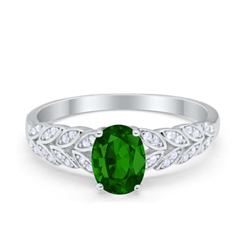 Solitaire Floral Accent Oval Simulated Green Emerald CZ Wedding Ring 925 Sterling Silver